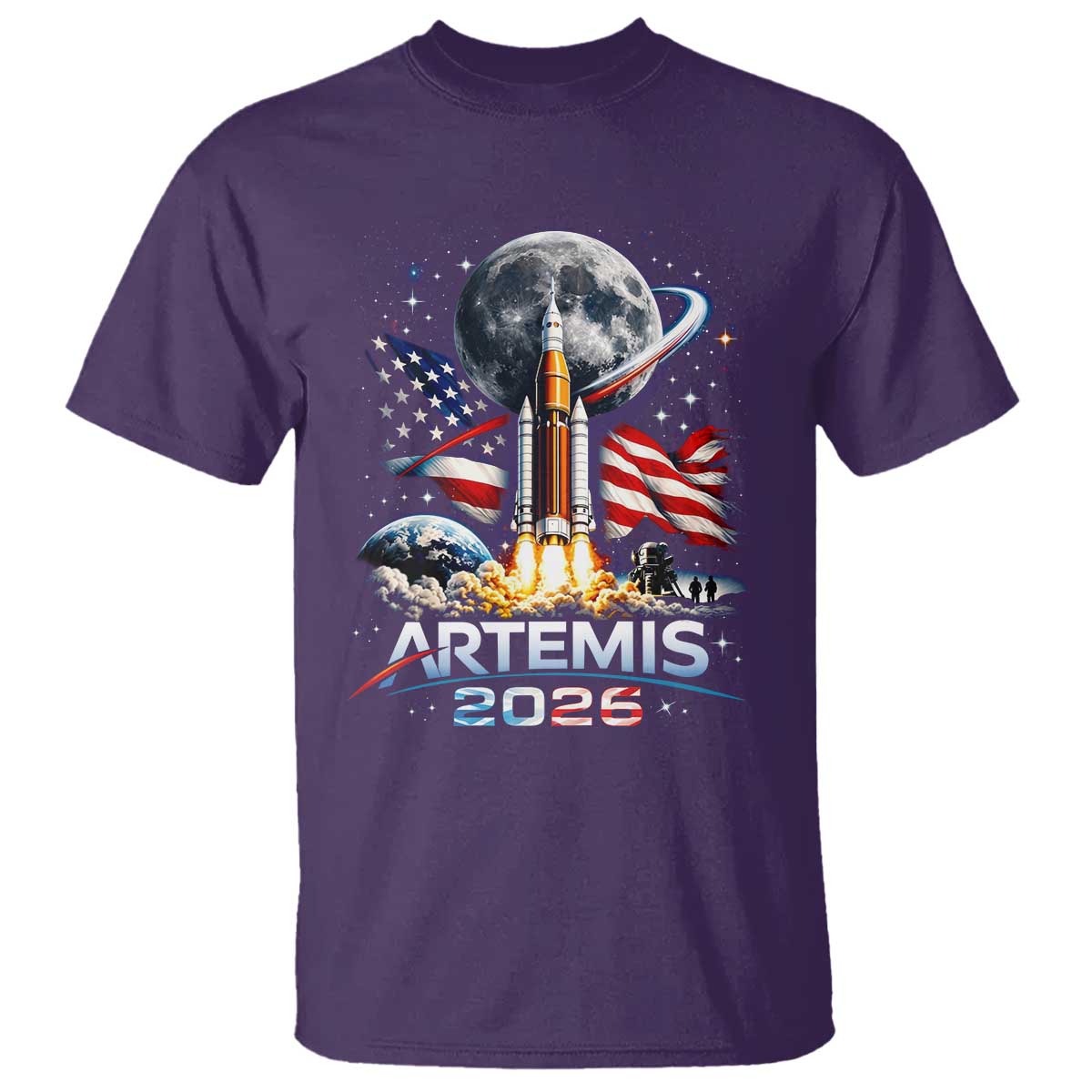 Patriotic 2026 Lunar Orbit Mission Rocket Launch T Shirt American Flag n Moon Patriotic Space Astronomy Enthusiasts TS02