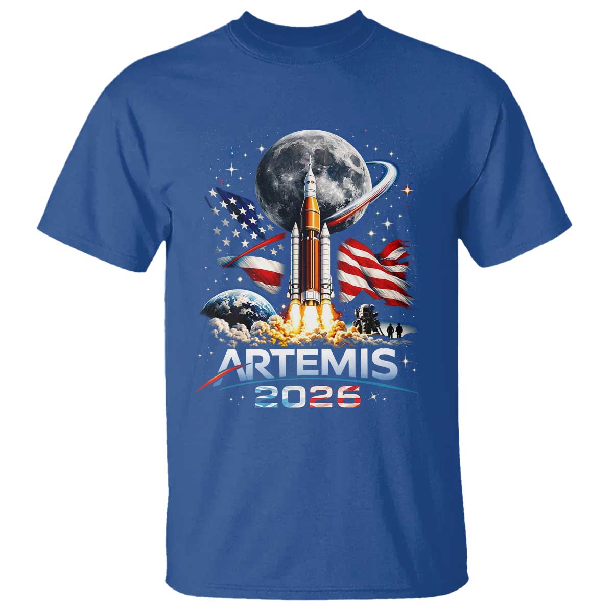 Patriotic 2026 Lunar Orbit Mission Rocket Launch T Shirt American Flag n Moon Patriotic Space Astronomy Enthusiasts TS02