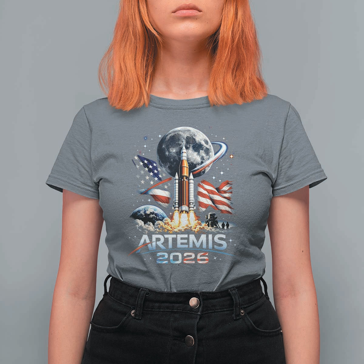 Patriotic 2026 Lunar Orbit Mission Rocket Launch T Shirt For Women American Flag n Moon Patriotic Space Astronomy Enthusiasts TS02
