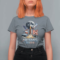 Patriotic 2026 Lunar Orbit Mission Rocket Launch T Shirt For Women American Flag n Moon Patriotic Space Astronomy Enthusiasts TS02
