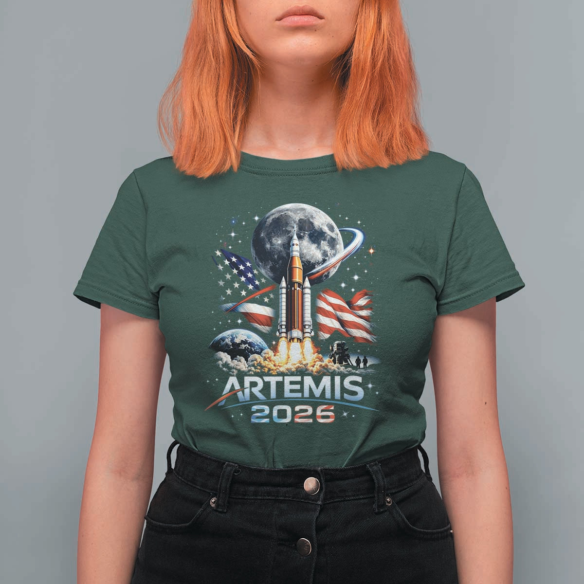 Patriotic 2026 Lunar Orbit Mission Rocket Launch T Shirt For Women American Flag n Moon Patriotic Space Astronomy Enthusiasts TS02
