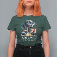 Patriotic 2026 Lunar Orbit Mission Rocket Launch T Shirt For Women American Flag n Moon Patriotic Space Astronomy Enthusiasts TS02
