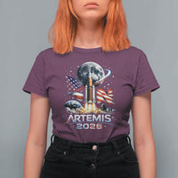 Patriotic 2026 Lunar Orbit Mission Rocket Launch T Shirt For Women American Flag n Moon Patriotic Space Astronomy Enthusiasts TS02