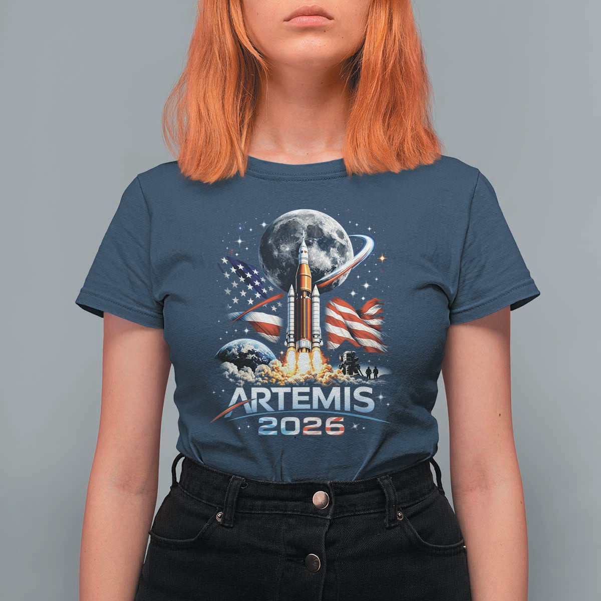 Patriotic 2026 Lunar Orbit Mission Rocket Launch T Shirt For Women American Flag n Moon Patriotic Space Astronomy Enthusiasts TS02