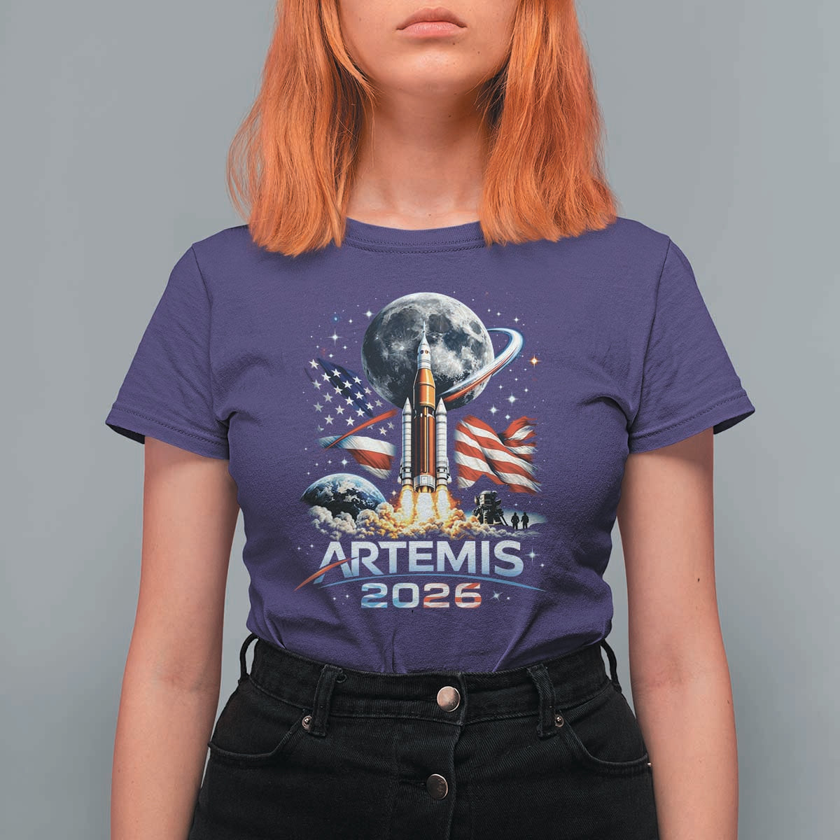 Patriotic 2026 Lunar Orbit Mission Rocket Launch T Shirt For Women American Flag n Moon Patriotic Space Astronomy Enthusiasts TS02