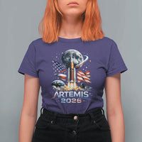 Patriotic 2026 Lunar Orbit Mission Rocket Launch T Shirt For Women American Flag n Moon Patriotic Space Astronomy Enthusiasts TS02