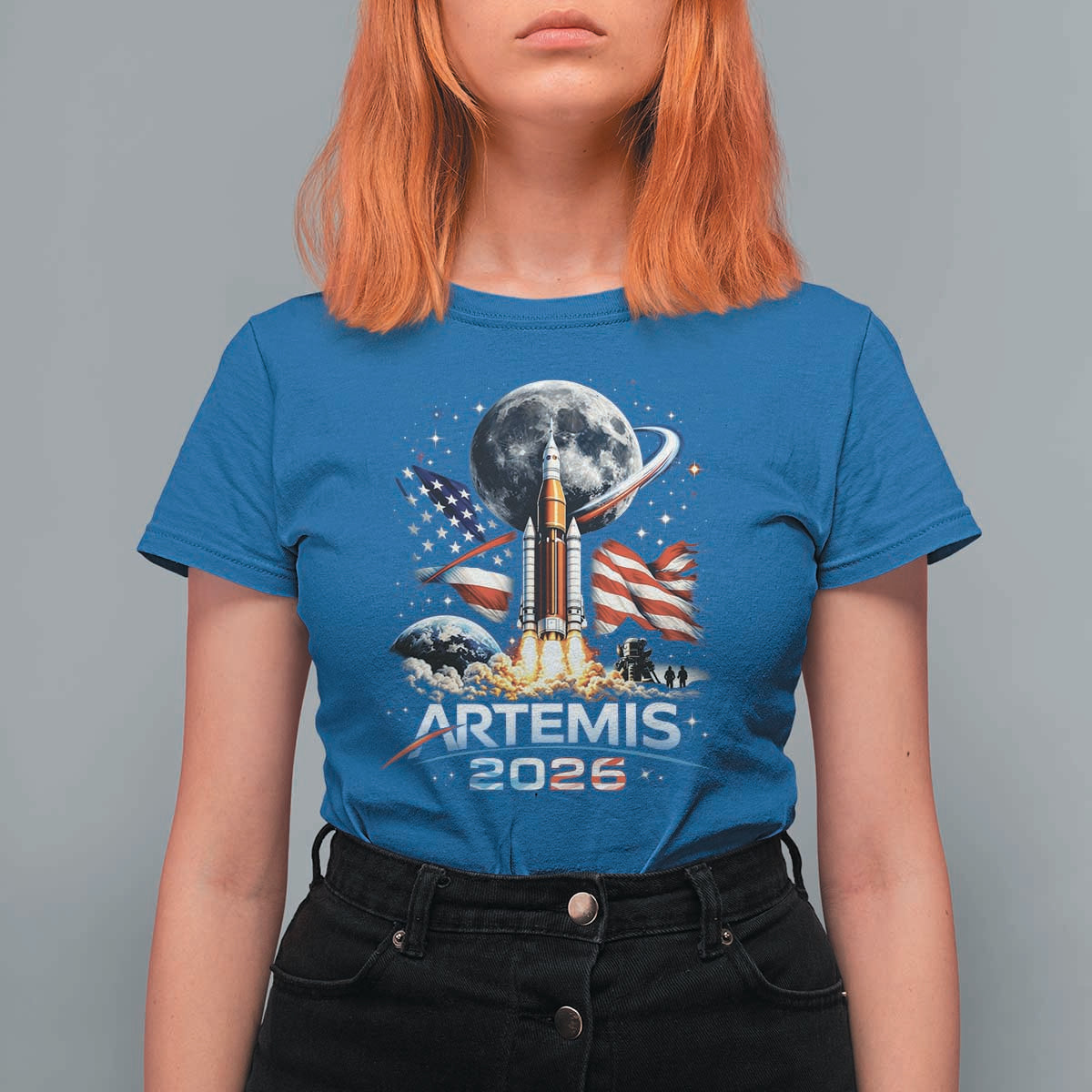Patriotic 2026 Lunar Orbit Mission Rocket Launch T Shirt For Women American Flag n Moon Patriotic Space Astronomy Enthusiasts TS02