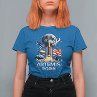 Patriotic 2026 Lunar Orbit Mission Rocket Launch T Shirt For Women American Flag n Moon Patriotic Space Astronomy Enthusiasts TS02