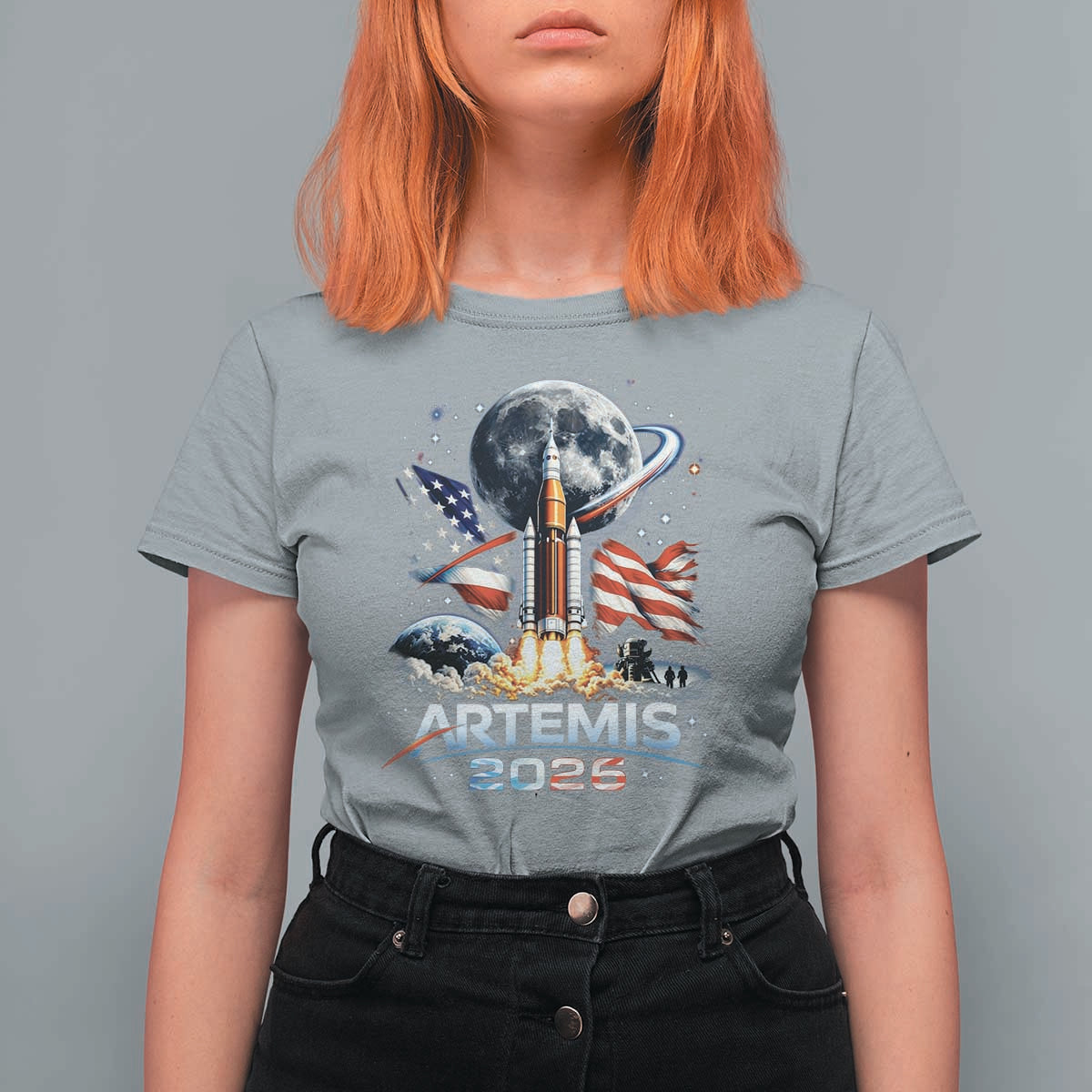 Patriotic 2026 Lunar Orbit Mission Rocket Launch T Shirt For Women American Flag n Moon Patriotic Space Astronomy Enthusiasts TS02