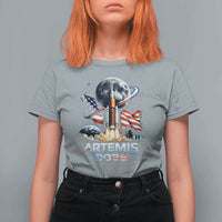 Patriotic 2026 Lunar Orbit Mission Rocket Launch T Shirt For Women American Flag n Moon Patriotic Space Astronomy Enthusiasts TS02