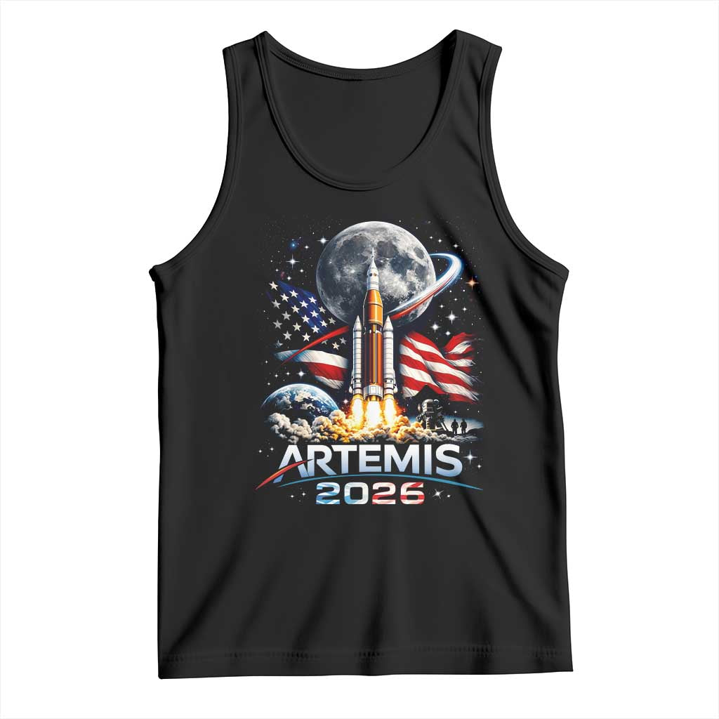 Patriotic 2026 Lunar Orbit Mission Rocket Launch Tank Top American Flag n Moon Patriotic Space Astronomy Enthusiasts TS02