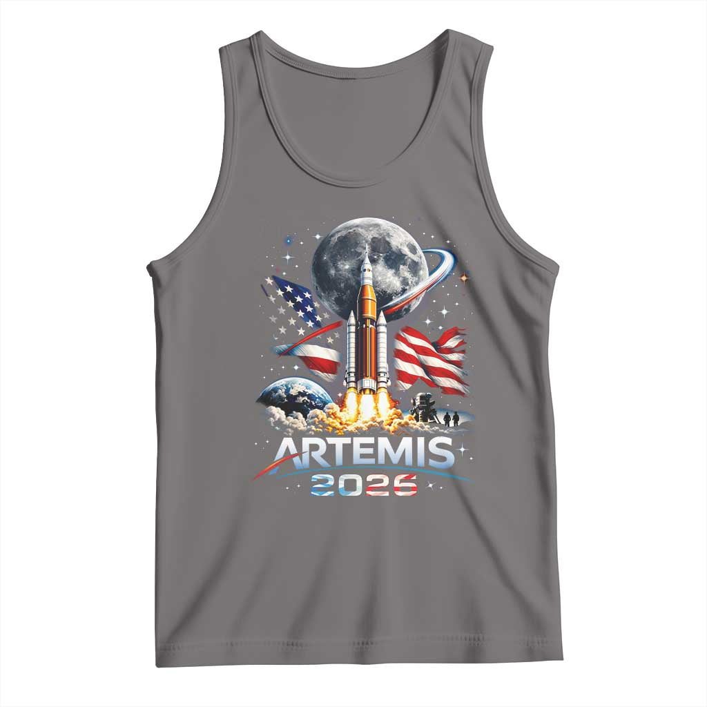 Patriotic 2026 Lunar Orbit Mission Rocket Launch Tank Top American Flag n Moon Patriotic Space Astronomy Enthusiasts TS02