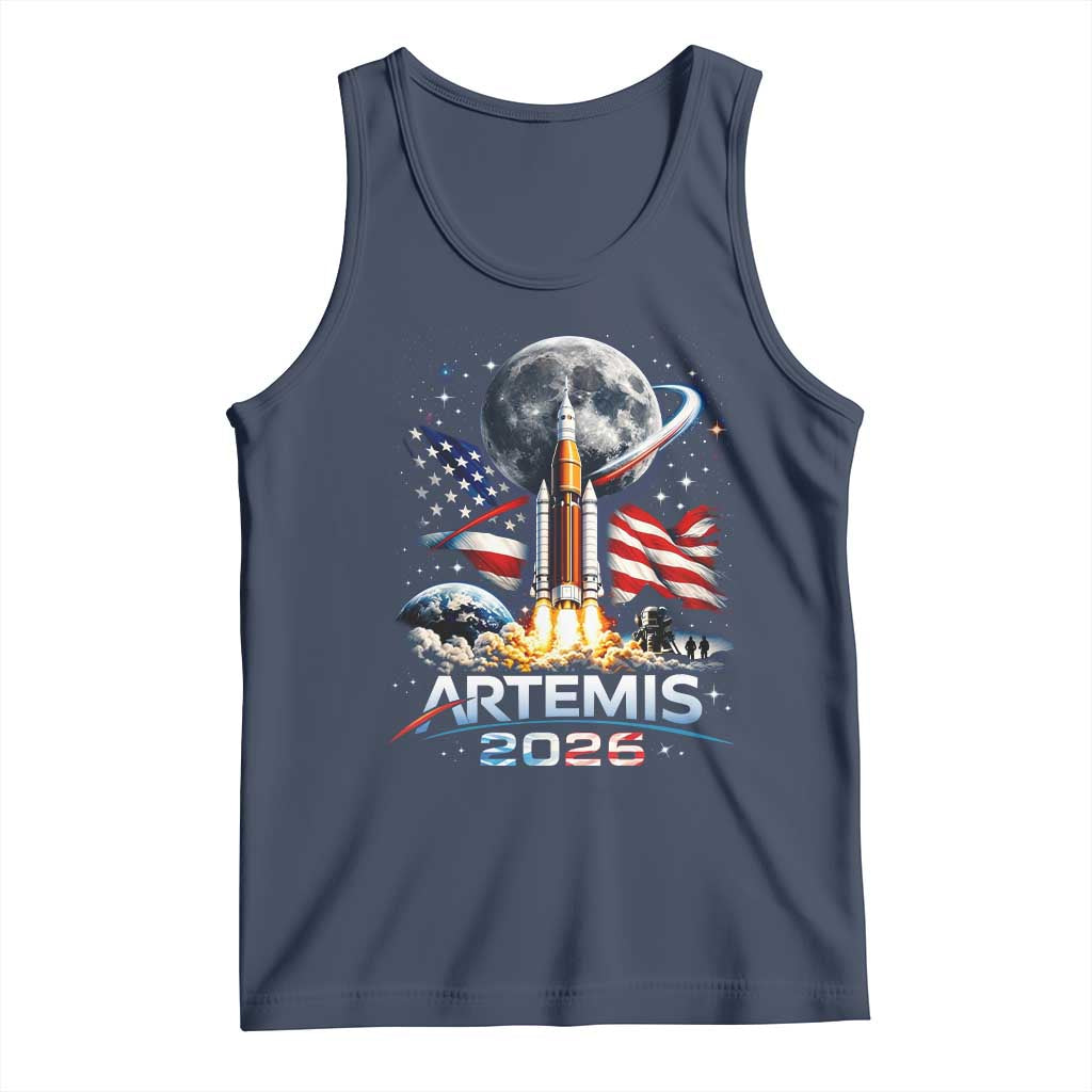 Patriotic 2026 Lunar Orbit Mission Rocket Launch Tank Top American Flag n Moon Patriotic Space Astronomy Enthusiasts TS02