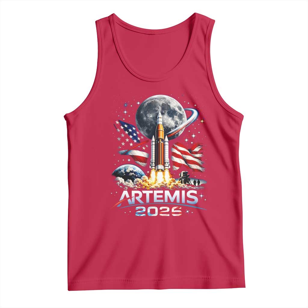 Patriotic 2026 Lunar Orbit Mission Rocket Launch Tank Top American Flag n Moon Patriotic Space Astronomy Enthusiasts TS02