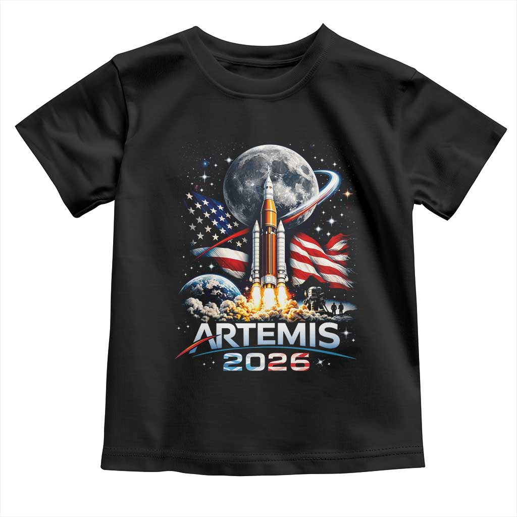 Patriotic 2026 Lunar Orbit Mission Rocket Launch Toddler T Shirt American Flag n Moon Patriotic Space Astronomy Enthusiasts TS02
