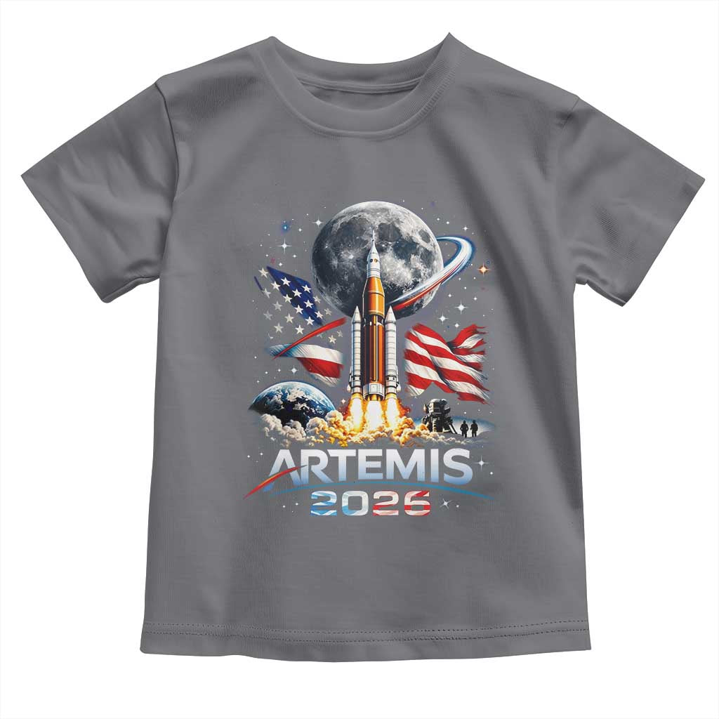 Patriotic 2026 Lunar Orbit Mission Rocket Launch Toddler T Shirt American Flag n Moon Patriotic Space Astronomy Enthusiasts TS02