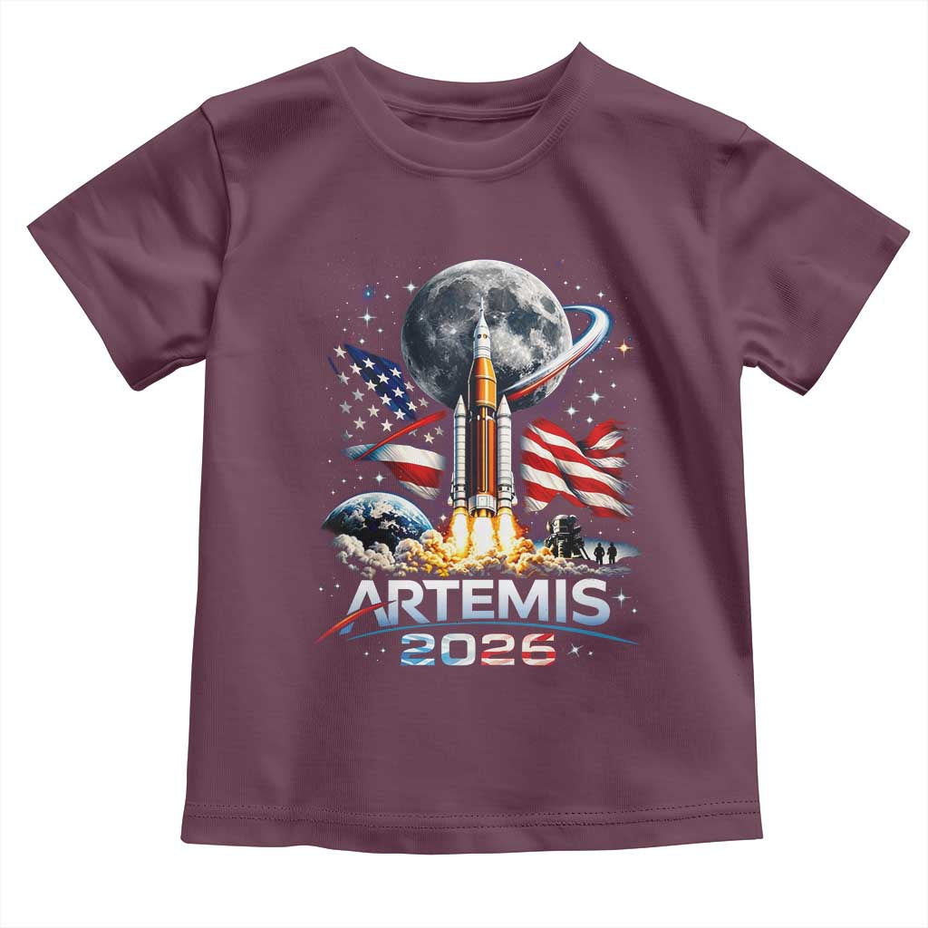 Patriotic 2026 Lunar Orbit Mission Rocket Launch Toddler T Shirt American Flag n Moon Patriotic Space Astronomy Enthusiasts TS02