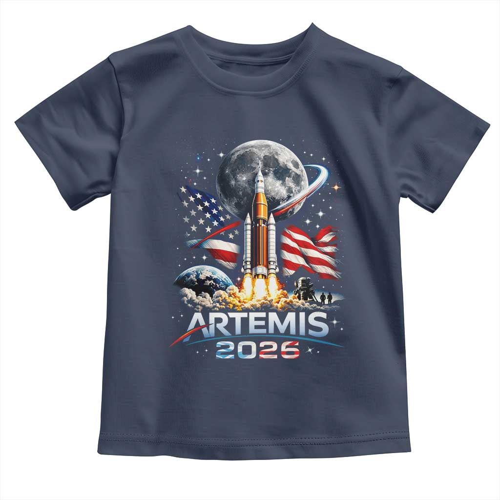 Patriotic 2026 Lunar Orbit Mission Rocket Launch Toddler T Shirt American Flag n Moon Patriotic Space Astronomy Enthusiasts TS02