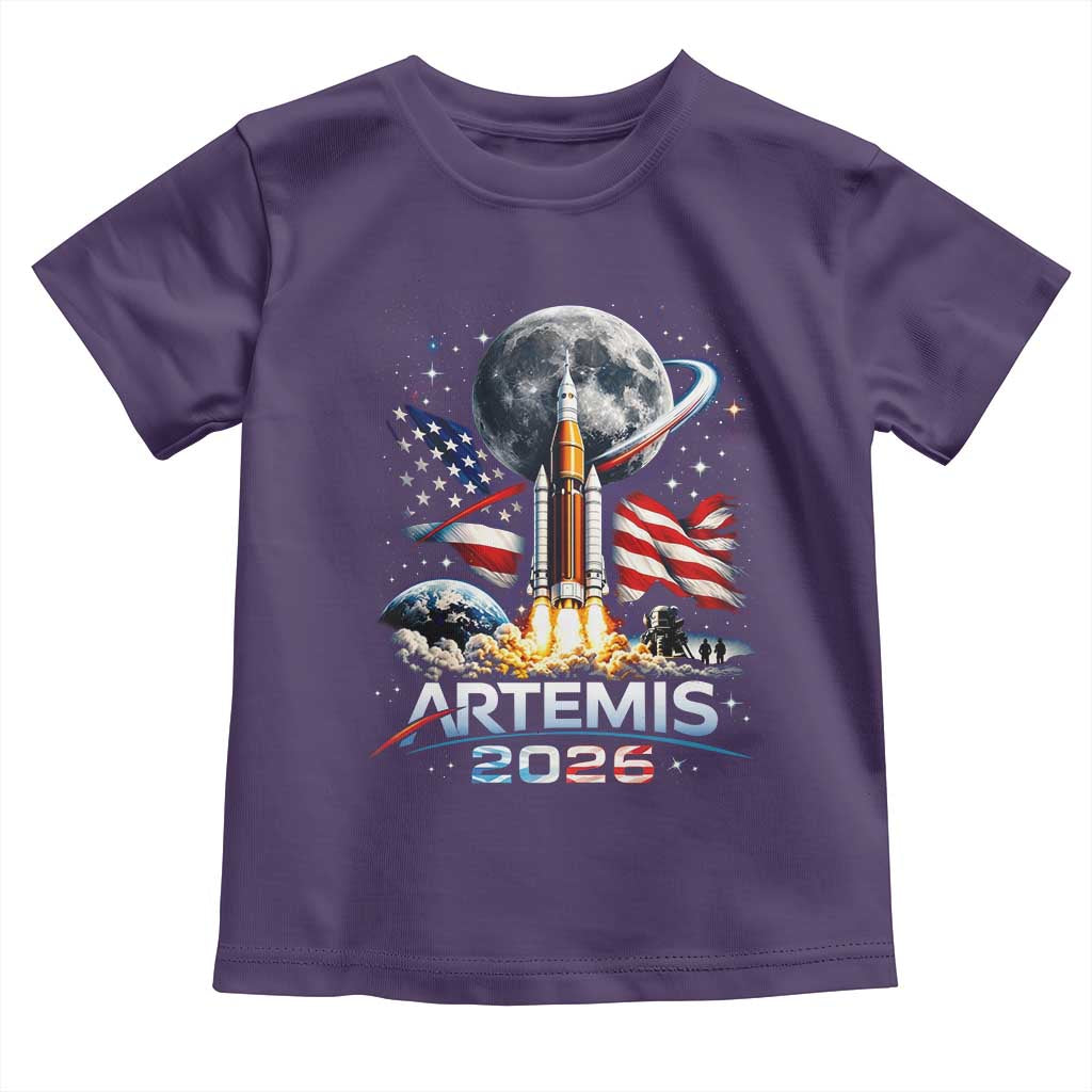 Patriotic 2026 Lunar Orbit Mission Rocket Launch Toddler T Shirt American Flag n Moon Patriotic Space Astronomy Enthusiasts TS02