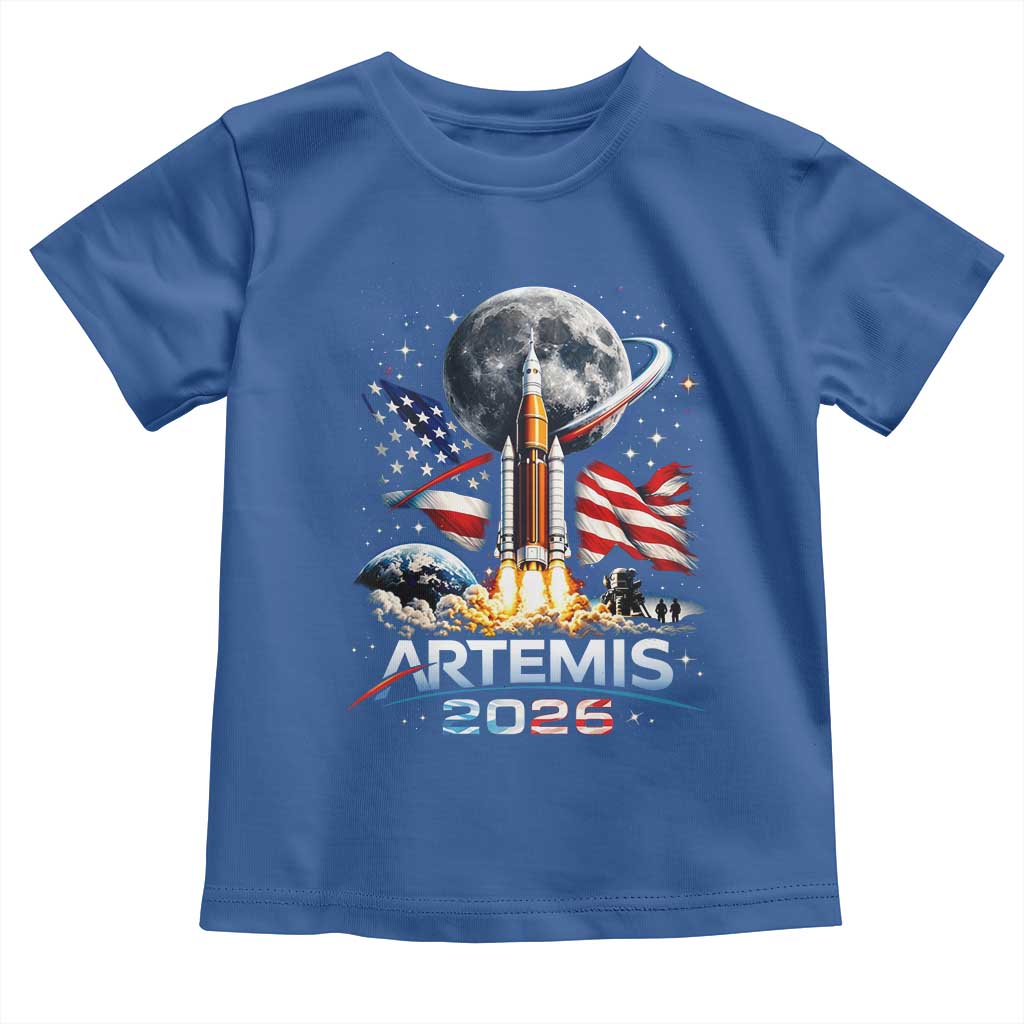 Patriotic 2026 Lunar Orbit Mission Rocket Launch Toddler T Shirt American Flag n Moon Patriotic Space Astronomy Enthusiasts TS02