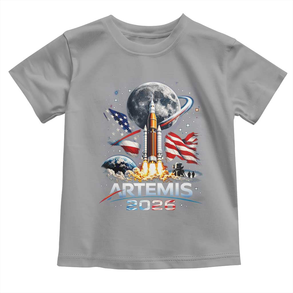 Patriotic 2026 Lunar Orbit Mission Rocket Launch Toddler T Shirt American Flag n Moon Patriotic Space Astronomy Enthusiasts TS02