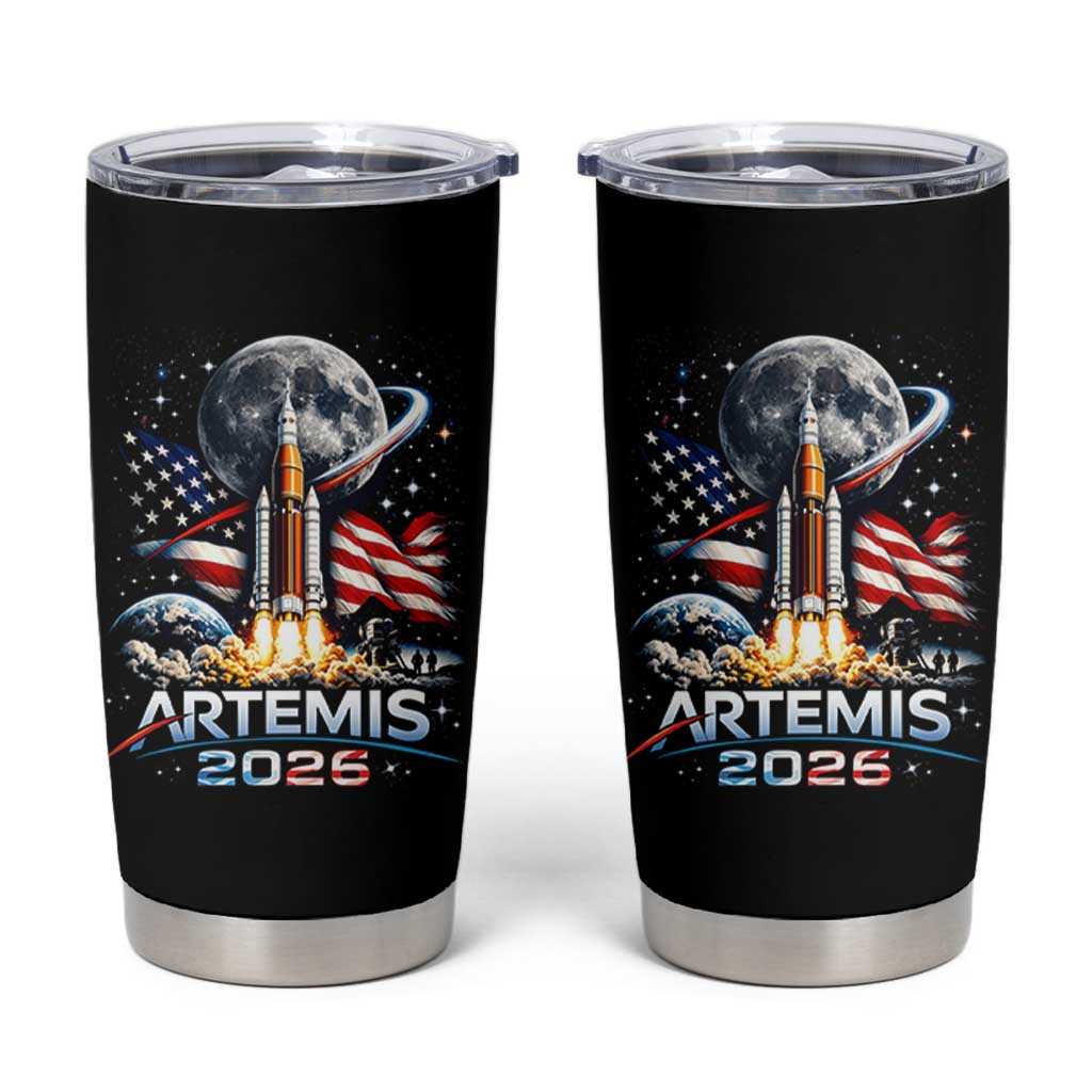 Patriotic 2026 Lunar Orbit Mission Rocket Launch Tumbler Cup American Flag n Moon Patriotic Space Astronomy Enthusiasts