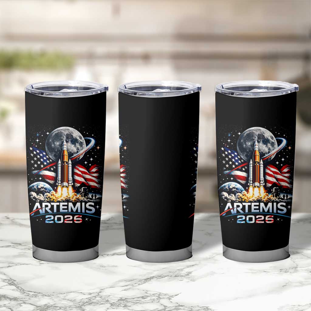 Patriotic 2026 Lunar Orbit Mission Rocket Launch Tumbler Cup American Flag n Moon Patriotic Space Astronomy Enthusiasts