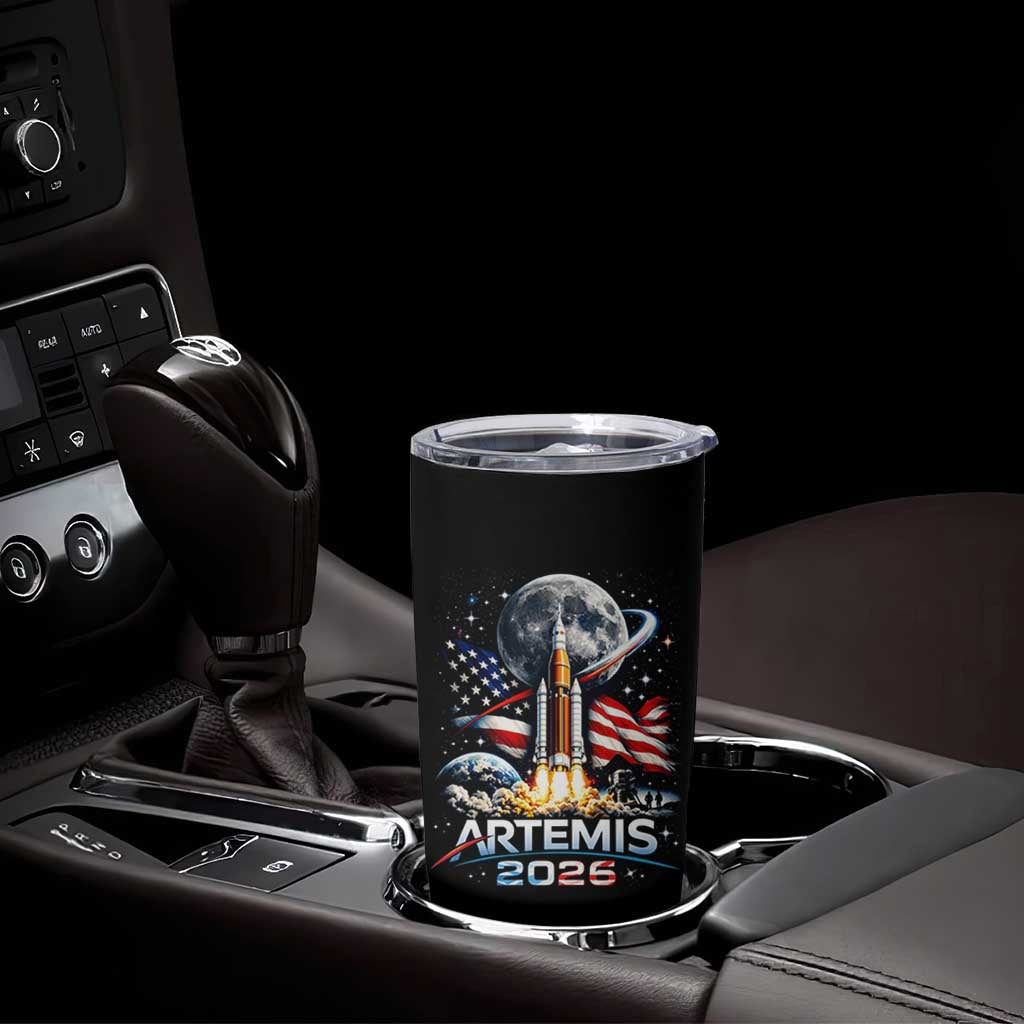 Patriotic 2026 Lunar Orbit Mission Rocket Launch Tumbler Cup American Flag n Moon Patriotic Space Astronomy Enthusiasts