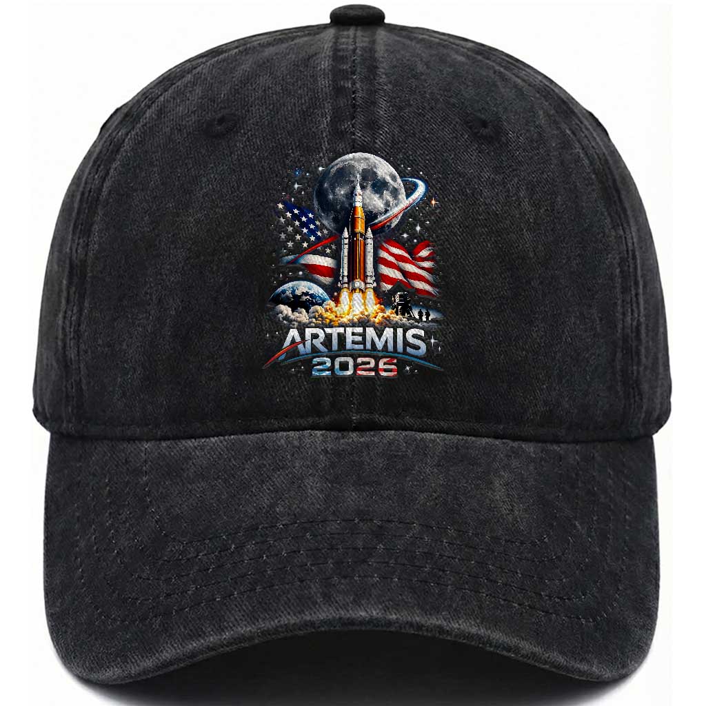 Patriotic 2026 Lunar Orbit Mission Rocket Launch Washed Cotton Baseball Cap American Flag n Moon Patriotic Space Astronomy Enthusiasts