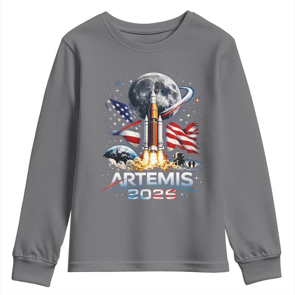 Patriotic 2026 Lunar Orbit Mission Rocket Launch Youth Sweatshirt American Flag n Moon Patriotic Space Astronomy Enthusiasts TS02