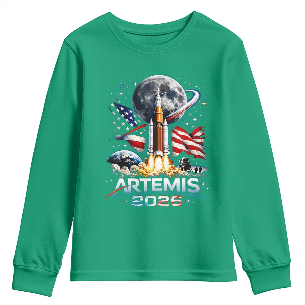 Patriotic 2026 Lunar Orbit Mission Rocket Launch Youth Sweatshirt American Flag n Moon Patriotic Space Astronomy Enthusiasts TS02