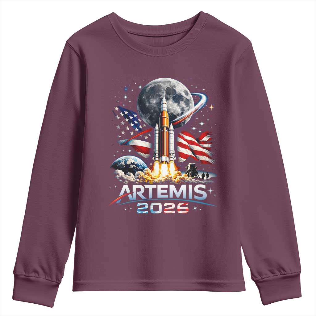 Patriotic 2026 Lunar Orbit Mission Rocket Launch Youth Sweatshirt American Flag n Moon Patriotic Space Astronomy Enthusiasts TS02