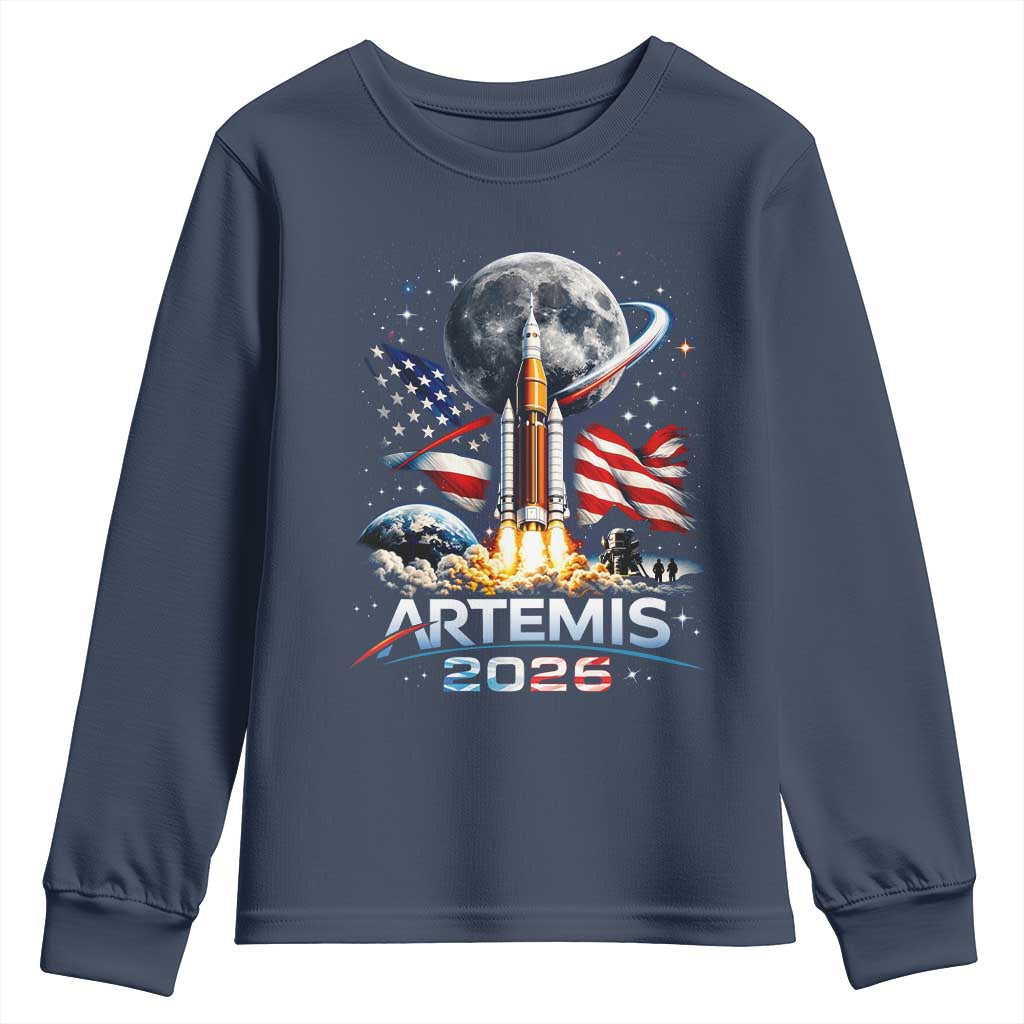 Patriotic 2026 Lunar Orbit Mission Rocket Launch Youth Sweatshirt American Flag n Moon Patriotic Space Astronomy Enthusiasts TS02