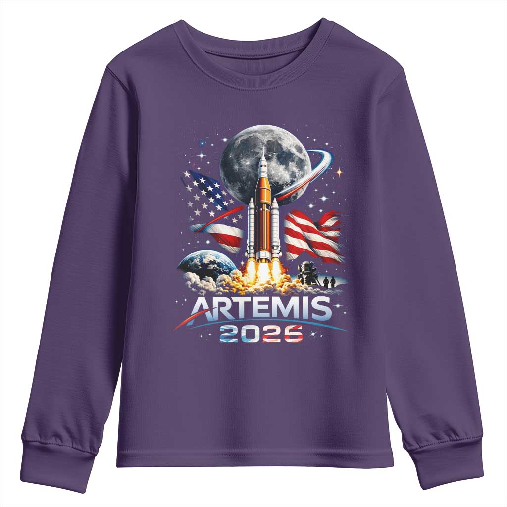 Patriotic 2026 Lunar Orbit Mission Rocket Launch Youth Sweatshirt American Flag n Moon Patriotic Space Astronomy Enthusiasts TS02
