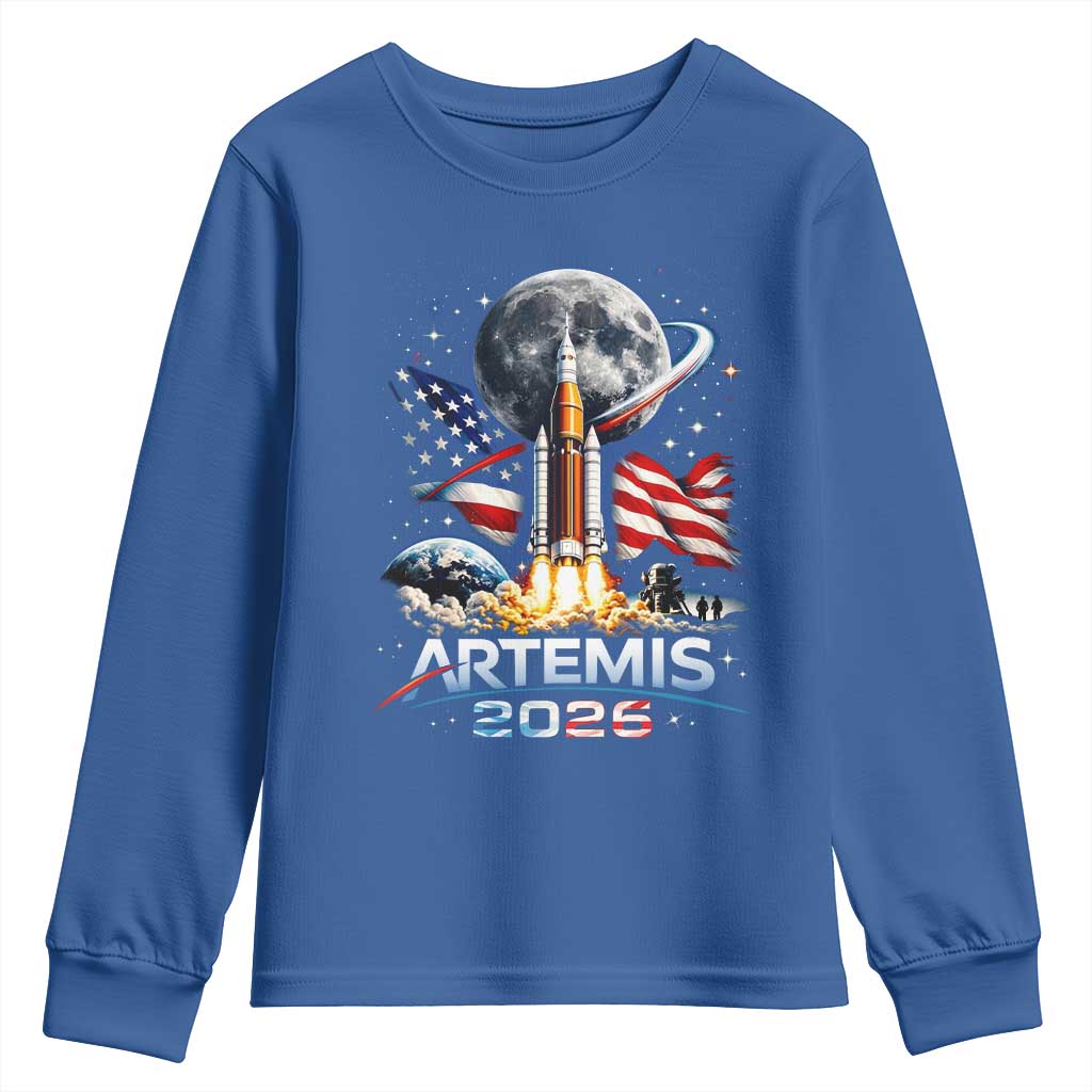 Patriotic 2026 Lunar Orbit Mission Rocket Launch Youth Sweatshirt American Flag n Moon Patriotic Space Astronomy Enthusiasts TS02