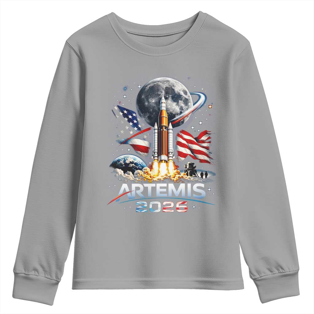 Patriotic 2026 Lunar Orbit Mission Rocket Launch Youth Sweatshirt American Flag n Moon Patriotic Space Astronomy Enthusiasts TS02