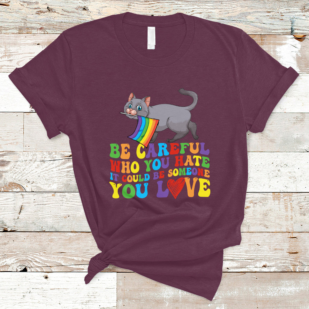 Gay Pride T Shirt Be Careful Who You Hate Could Be Someone You Love LGBT Cat - Wonder Print Shop