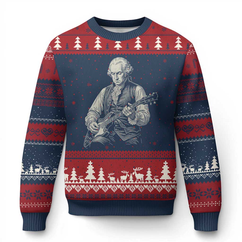 George Washington Rock Star Portrait Ugly Christmas Sweater Funny Electric Guitar Player Founding Father Patriotic Graphic
