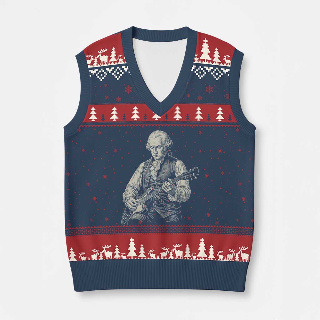 George Washington Rock Star Portrait V-Neck Knit Sweater Vest Funny Electric Guitar Player Founding Father Patriotic Graphic