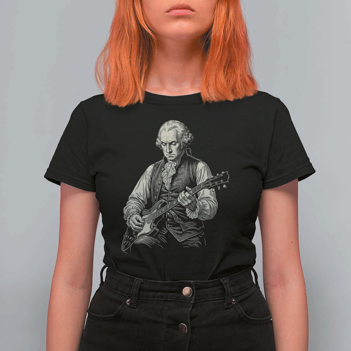 George Washington Rock Star Portrait T Shirt For Women Funny Electric Guitar Player Founding Father Patriotic Graphic