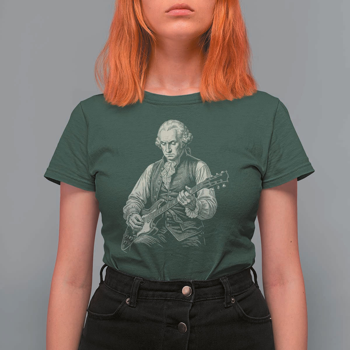 George Washington Rock Star Portrait T Shirt For Women Funny Electric Guitar Player Founding Father Patriotic Graphic