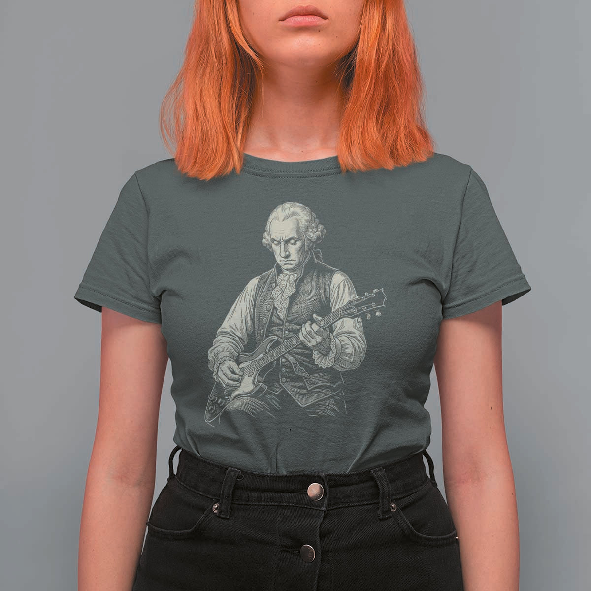 George Washington Rock Star Portrait T Shirt For Women Funny Electric Guitar Player Founding Father Patriotic Graphic