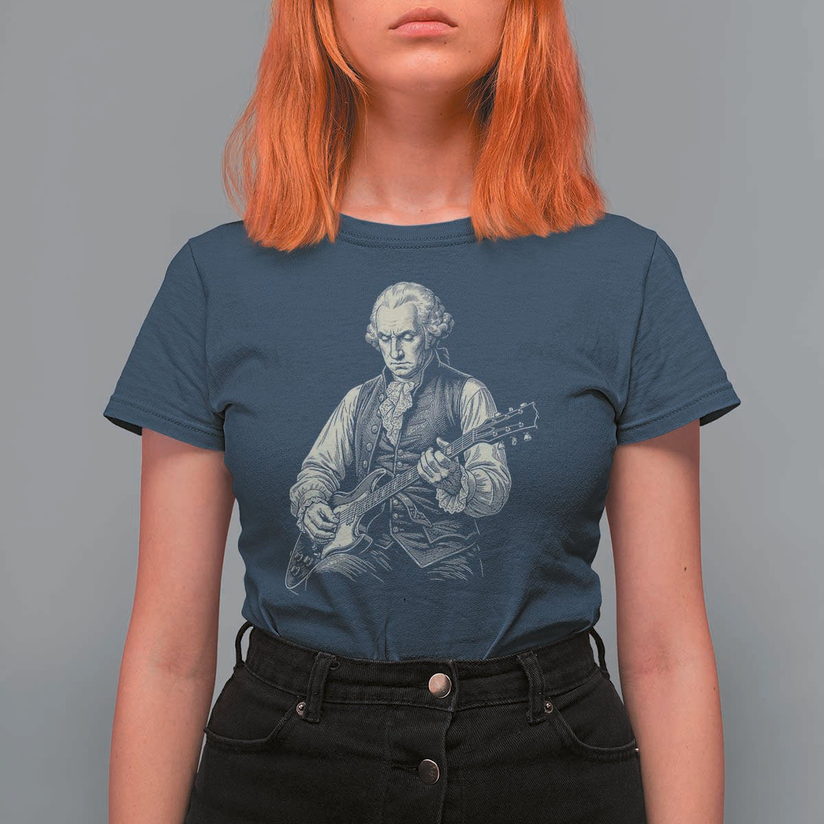 George Washington Rock Star Portrait T Shirt For Women Funny Electric Guitar Player Founding Father Patriotic Graphic
