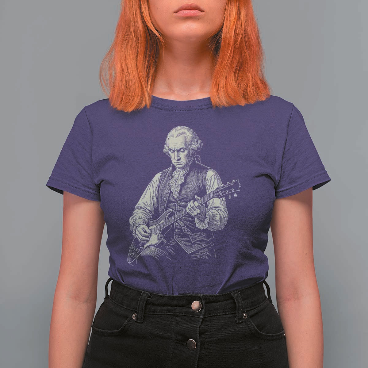 George Washington Rock Star Portrait T Shirt For Women Funny Electric Guitar Player Founding Father Patriotic Graphic