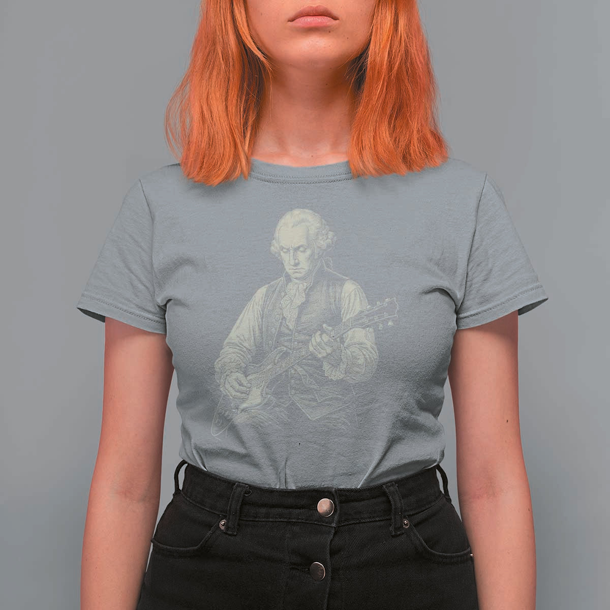 George Washington Rock Star Portrait T Shirt For Women Funny Electric Guitar Player Founding Father Patriotic Graphic