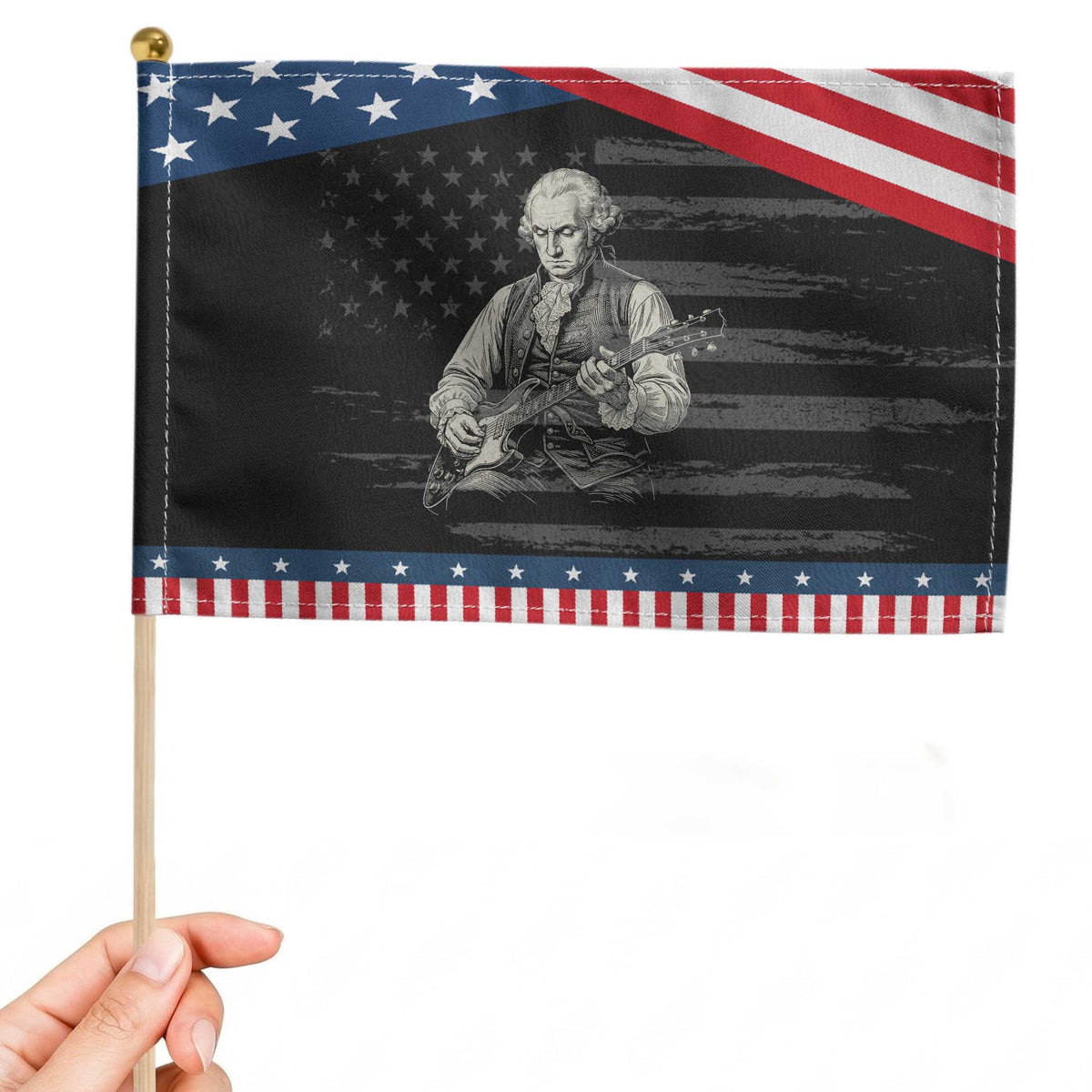 George Washington Rock Star Portrait Patriotic Handheld Flag Funny Electric Guitar Player Founding Father Graphic