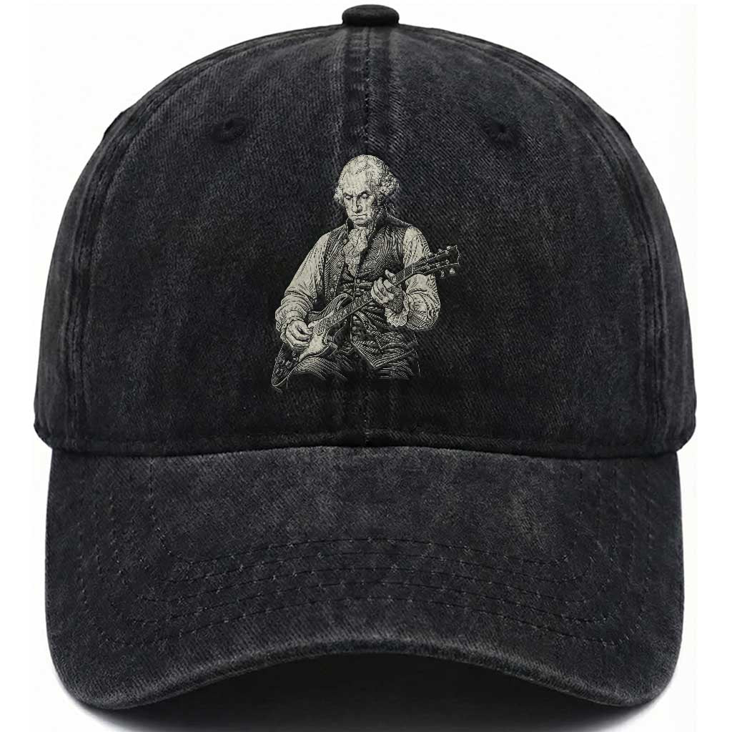 George Washington Rock Star Portrait Washed Cotton Baseball Cap Funny Electric Guitar Player Founding Father Patriotic Graphic