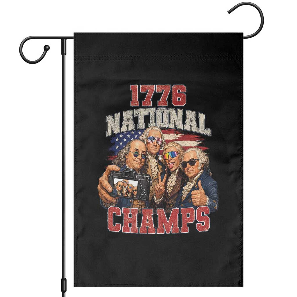 1776 National Champs Funny Founding Fathers Selfie Graphic Garden Flag George Washington and Ben Franklin Cool Sunglasses Patriotic