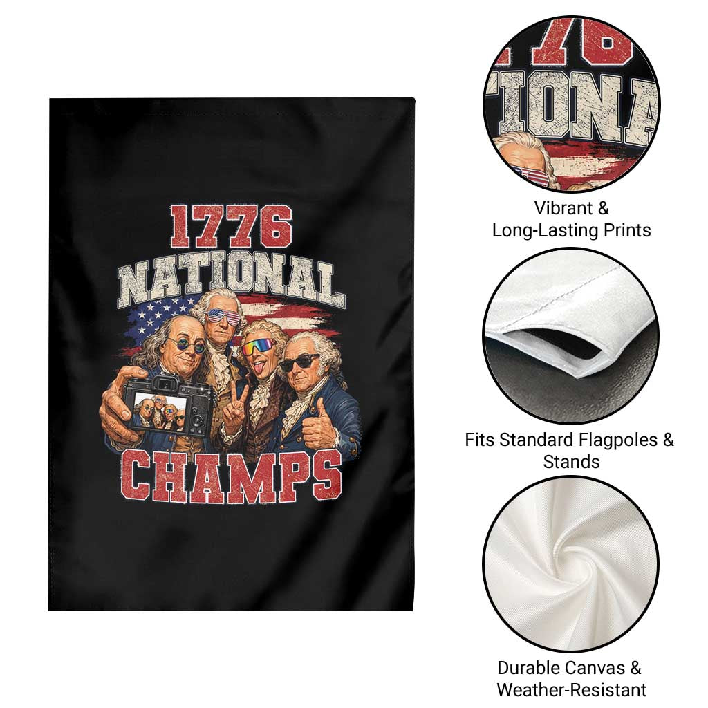 1776 National Champs Funny Founding Fathers Selfie Graphic Garden Flag George Washington and Ben Franklin Cool Sunglasses Patriotic
