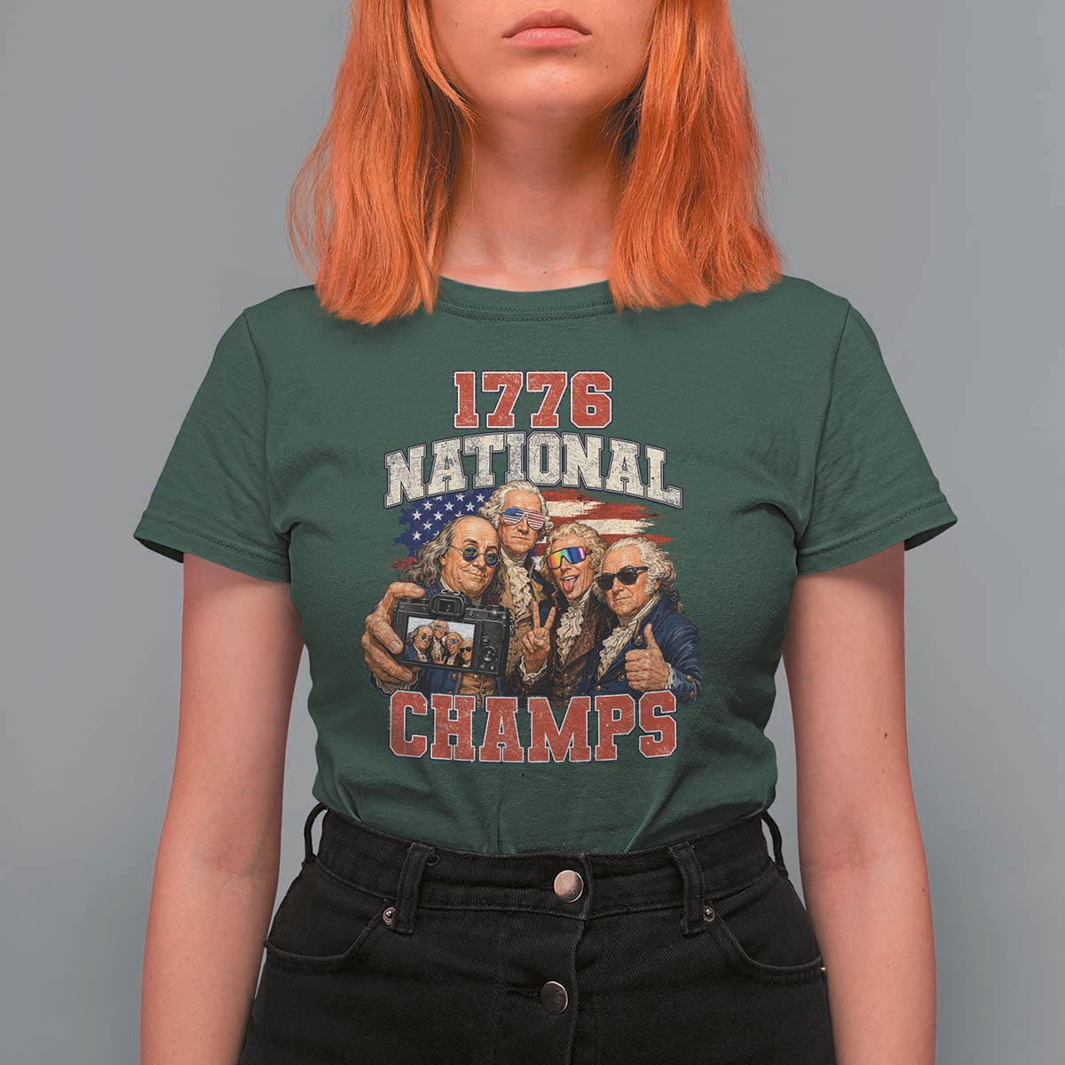1776 National Champs Funny Founding Fathers Selfie Graphic T Shirt For Women George Washington and Ben Franklin Cool Sunglasses Patriotic